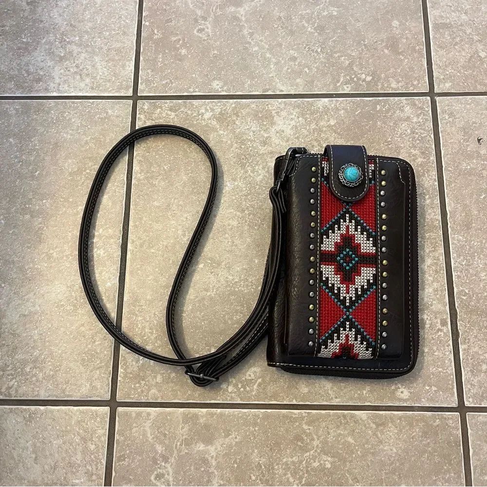 American Bling Embroidered Aztec Phone Wallet/Crossbody Dark Brown Turquoise